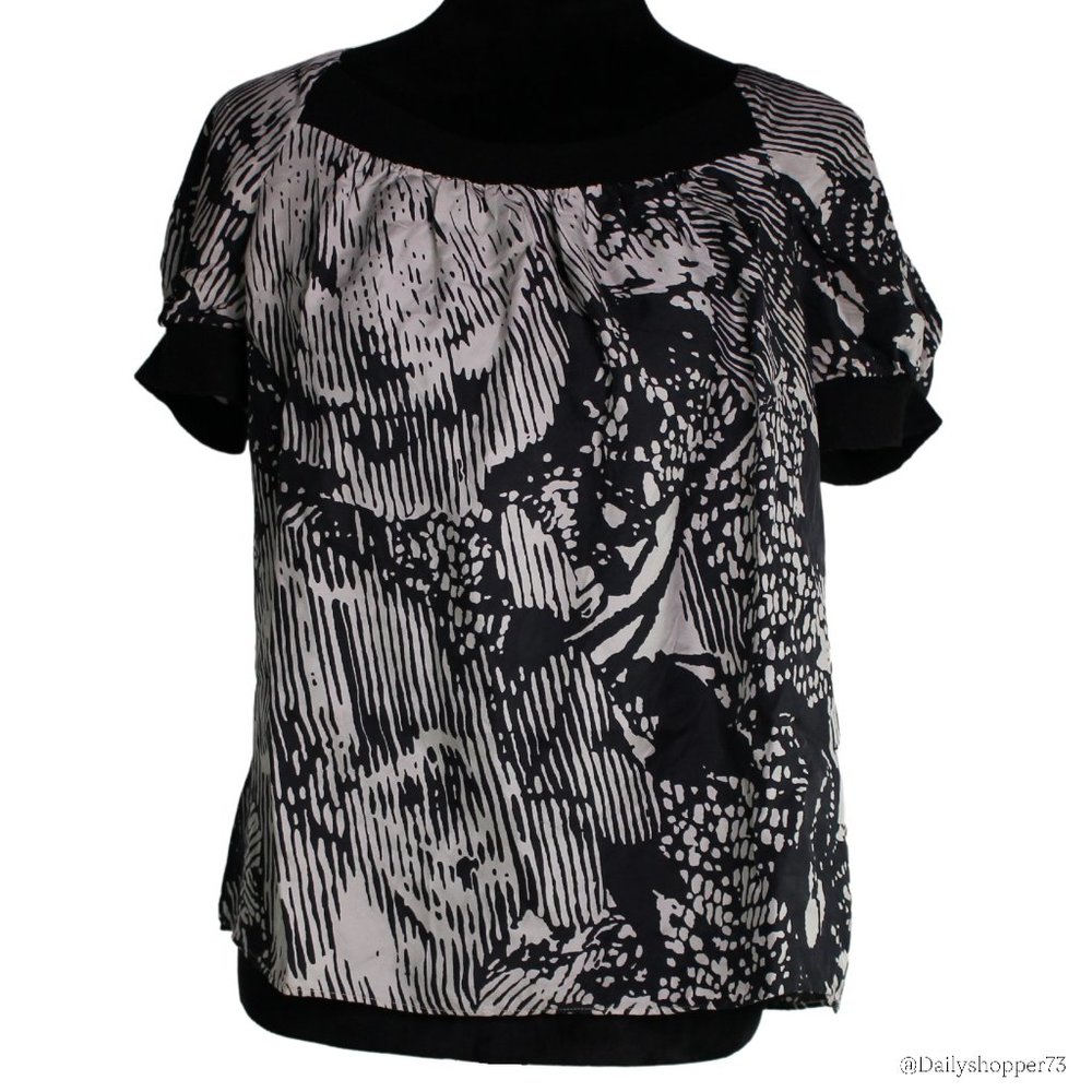 Theory Women's "Shauna" Black & White Abstract Floral Wool Trimmed Silk Blouse